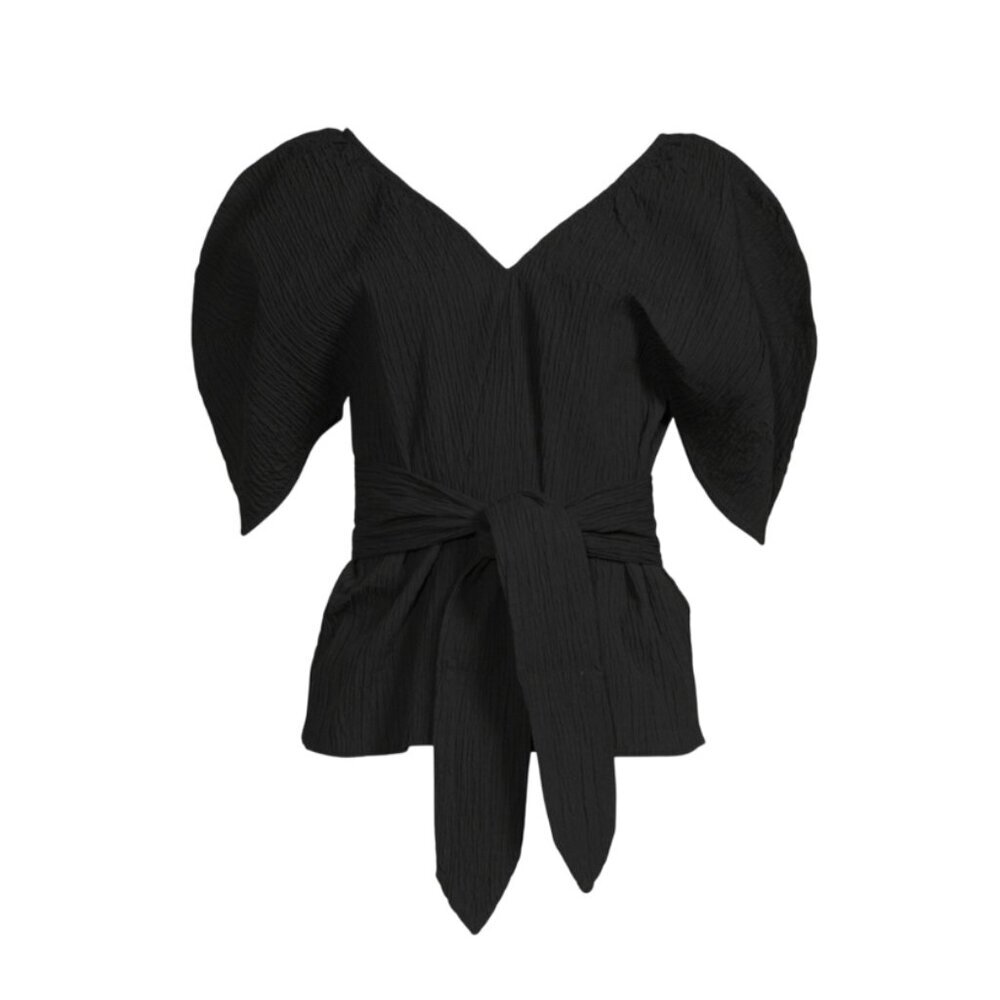 Mara Hoffman Fia Belted Top Blouse Shirt Womens Medium Black V-Neck Crinkled